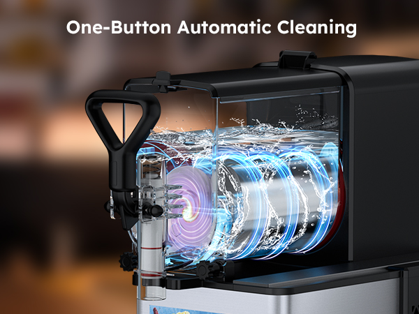 Mojgar Pro 3L Slush Machine with a one-button automatic cleaning system for hassle-free maintenance. Easily flushes and cleans the internal tank, ensuring hygiene and convenience. Perfect for home and commercial use, keeping your slushie maker ready for t